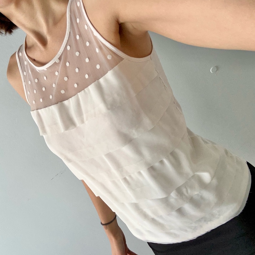 LOFT Chic White Sleeveless Top with Polka Dot Mesh XSP